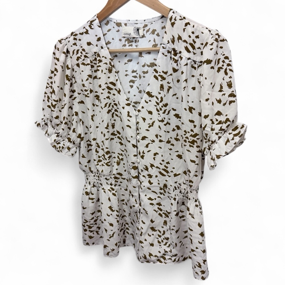 Everleigh White Printed Button Up Ruffle Sleeve Smocked Waist Blouse Size Large